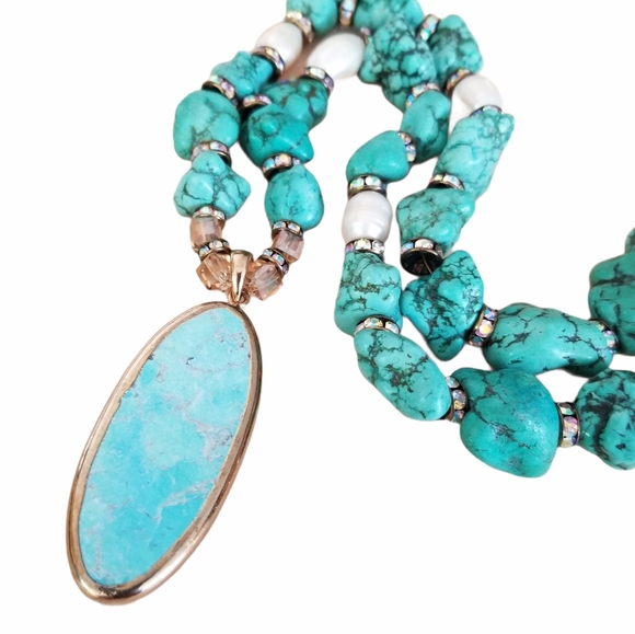 Hand Crafted Turquoise Pendant & Howlite Nugget Freshwater Pearl Beaded Necklace - Picture 15 of 15